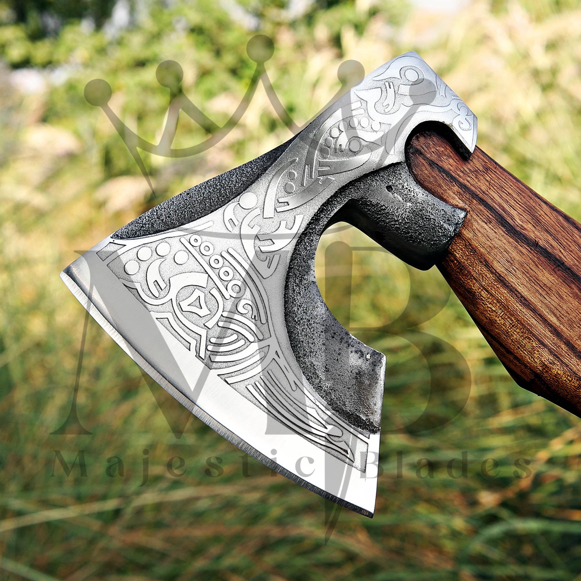 Custom Ragnar Axe, Viking Axe, Hatchet Rose Wood Shaf - Majestic Blades