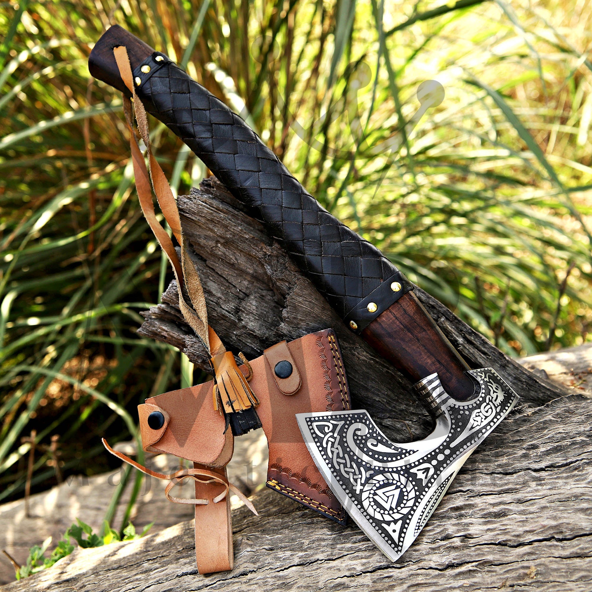 Custom Ragnar Axe, Viking Axe, Hatchet Rose Wood Shaf - Majestic Blades