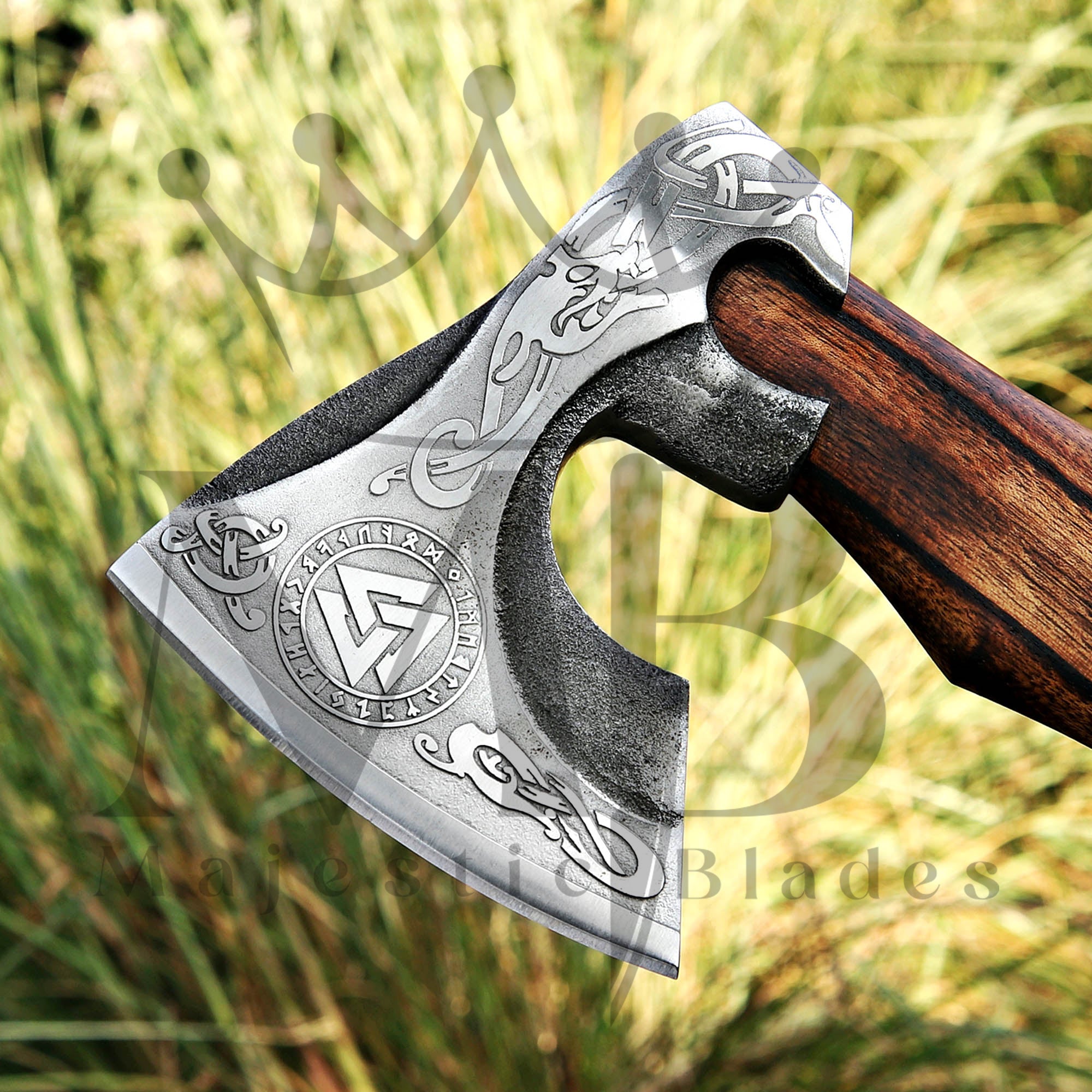 Custom Ragnar Axe, Viking Axe, Hatchet Rose Wood Shaf - Majestic Blades