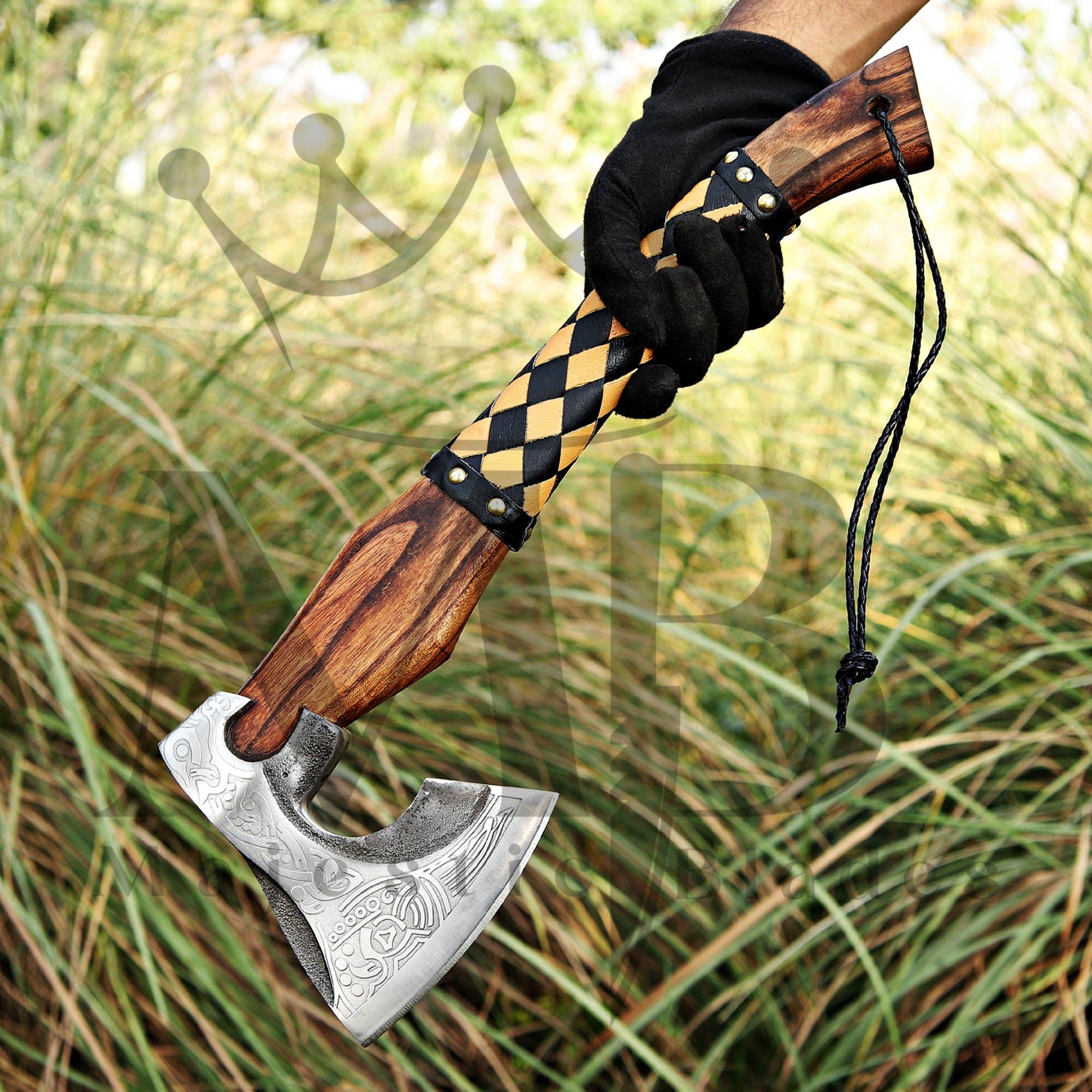 Custom Ragnar Axe, Viking Axe, Hatchet Rose Wood Shaf - Majestic Blades