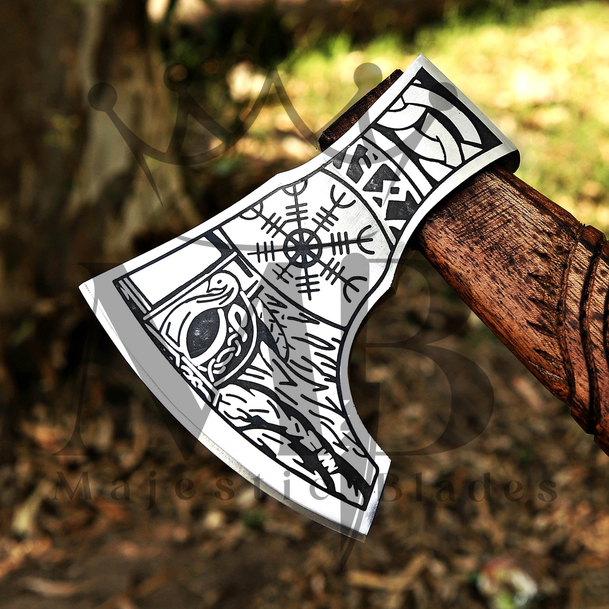 Custom Viking Axe With Handforged Carbon Steel Axe & Ash Wood Handle - Majestic Blades