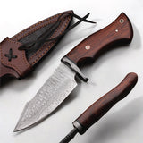 Handmade Damascus Steel Bobcat Knife With Rosewood Handle With Leather Cover - 10 Inch