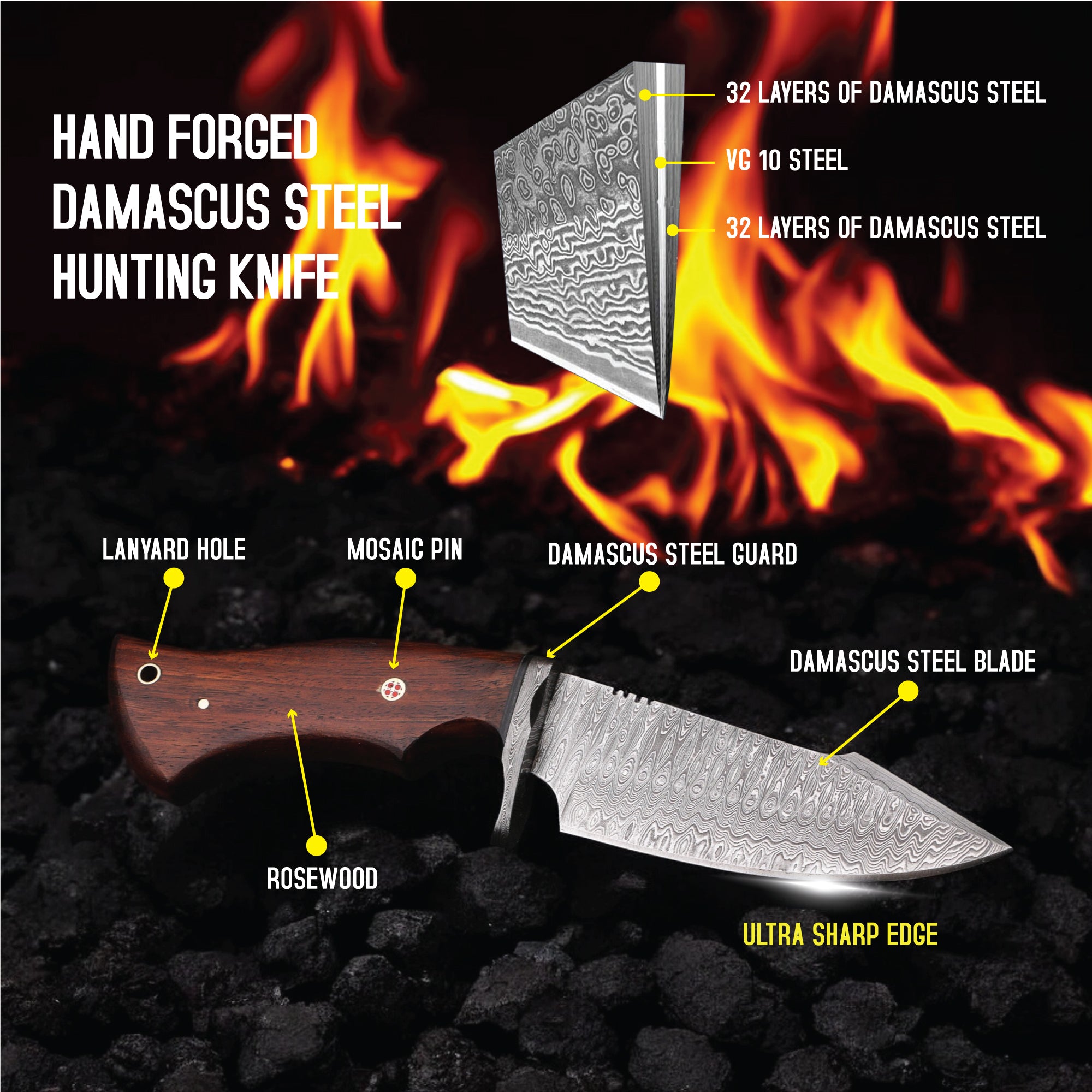 Handmade Damascus Steel Bobcat Knife With Rosewood Handle - 10 Inch - majesticblades.com