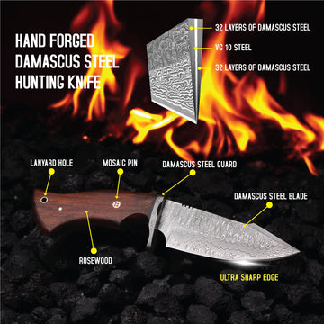 Handmade Damascus Steel Bobcat Knife With Rosewood Handle - 10 Inch - majesticblades.com