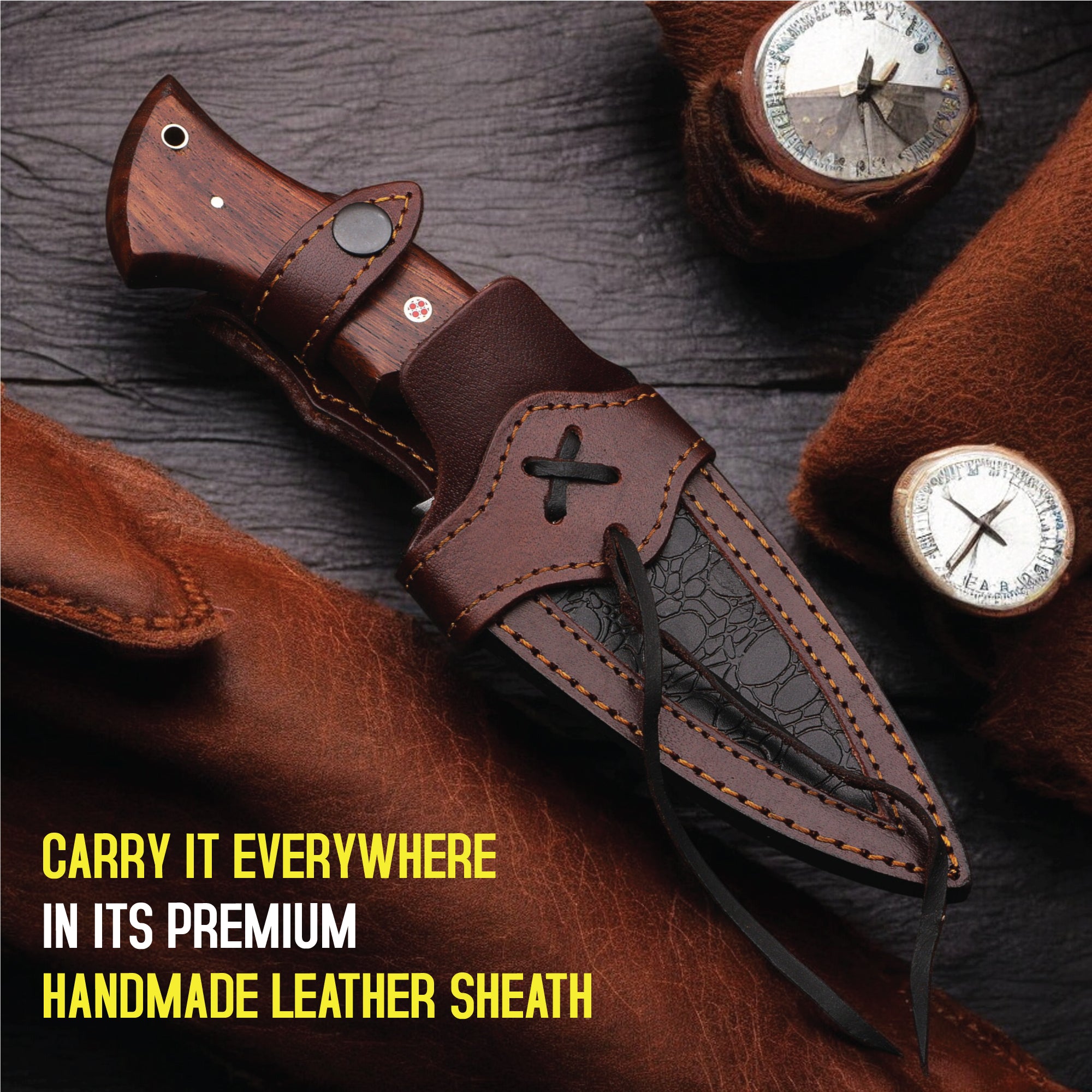 carry it everywhere in its premium handmade pure leather sheath - majestic blades