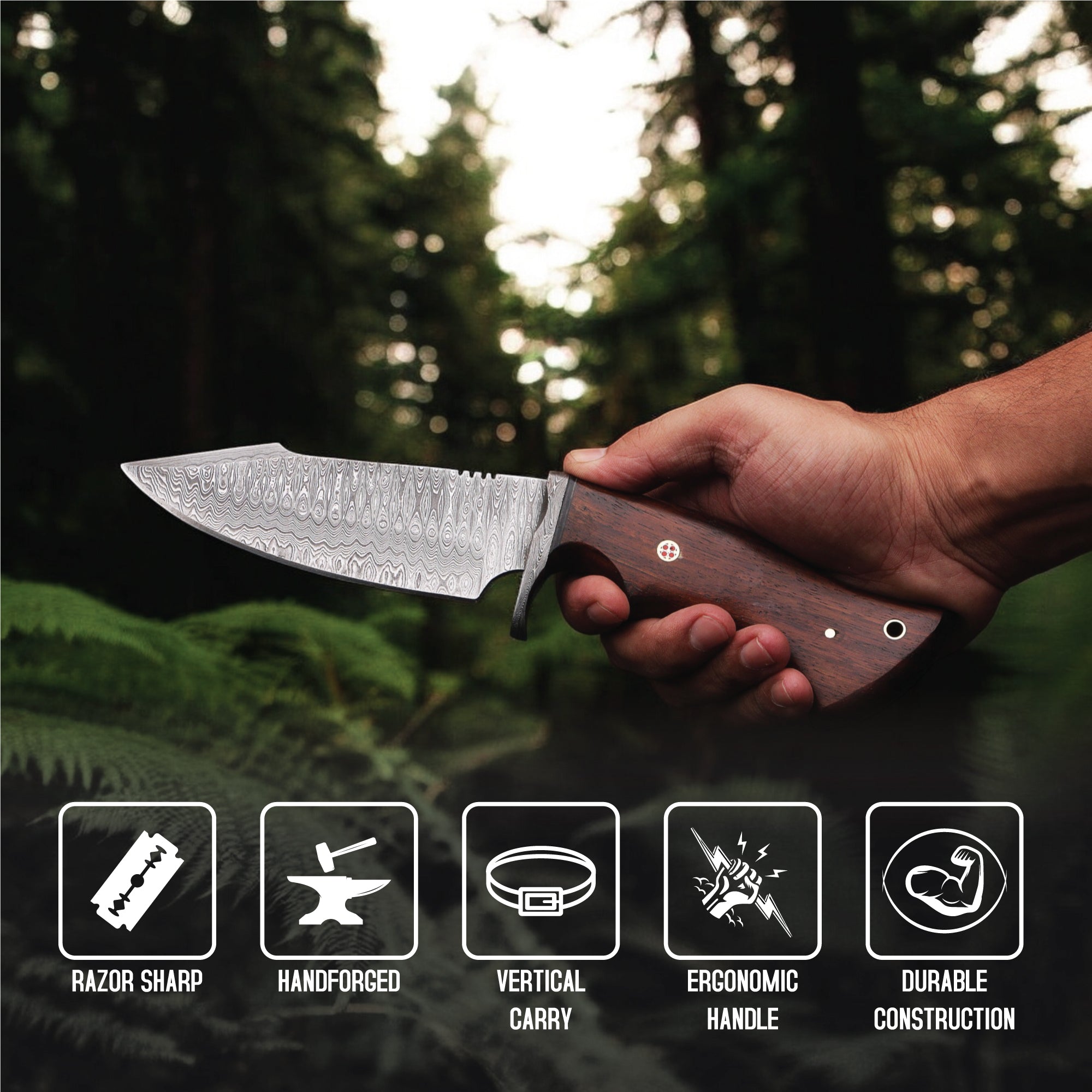 Handmade Damascus Steel Bobcat Knife With Rosewood Handle - 10 Inch - majesticblades.com