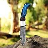 Handmade Damascus Pocket Folding Knife With Handle Of Pakka Wood - Tracker Knife 7.5 at best price in USA - majesticblades.com