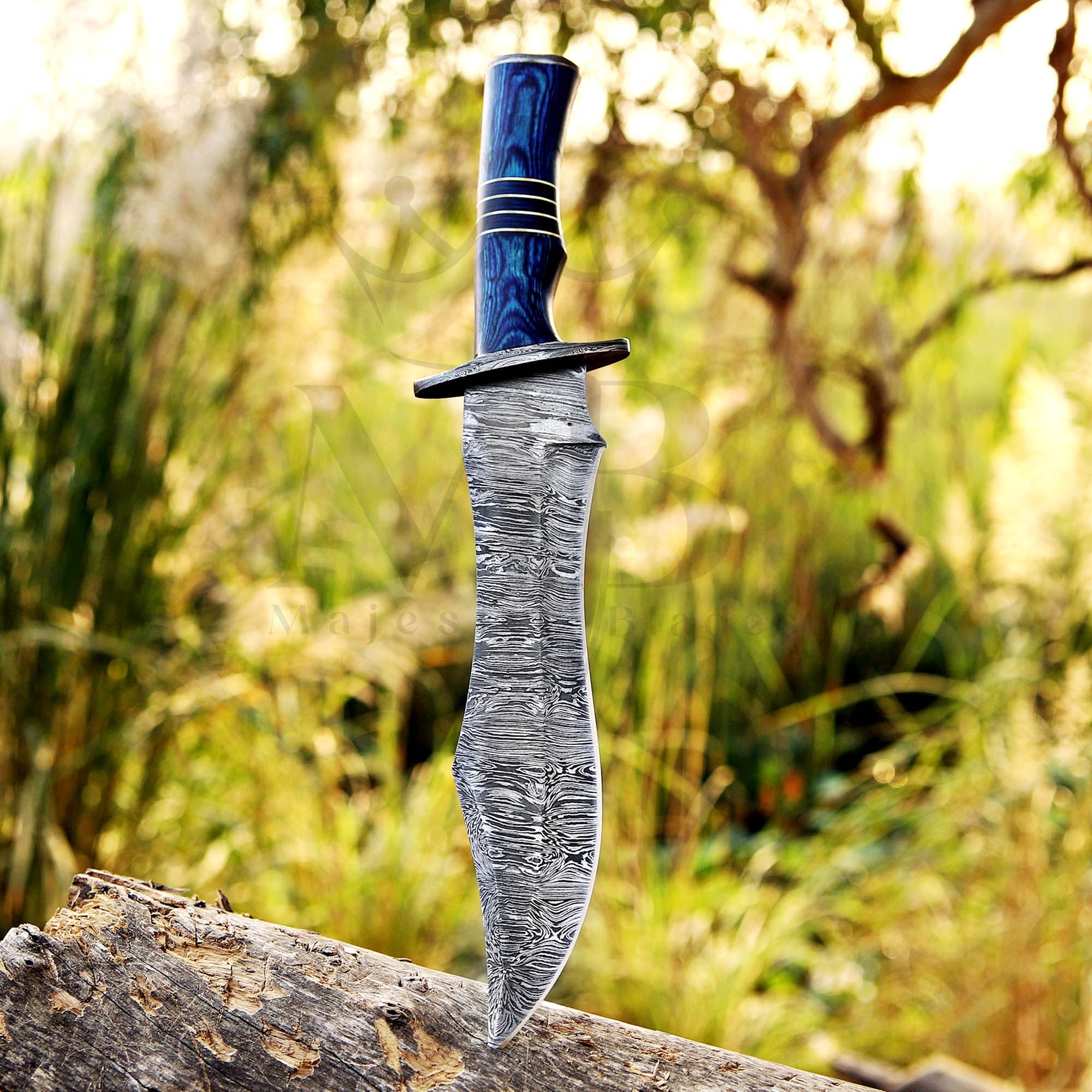 Handemade Damascus Steel Bowie Knife With Pakka Wood Handle & Leather Cover - 15 inch - sale price in USA shop online from majesticblades.com