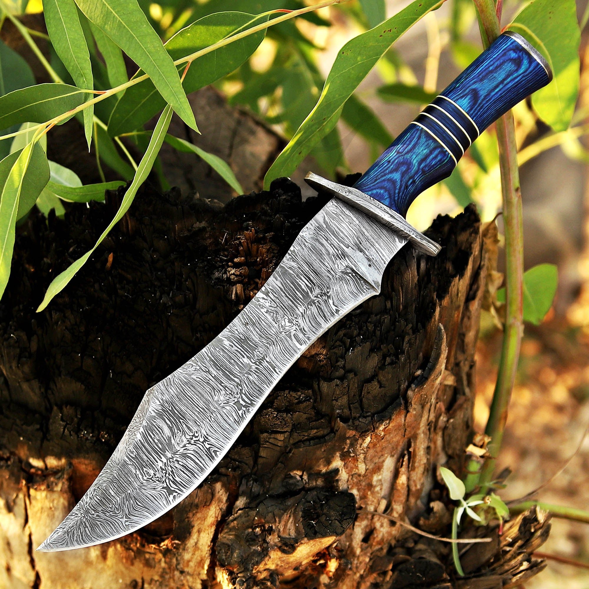 Handemade Damascus Steel Bowie Knife With Pakka Wood Handle & Leather Cover - 15 inch - sale price in USA shop online from majesticblades.com