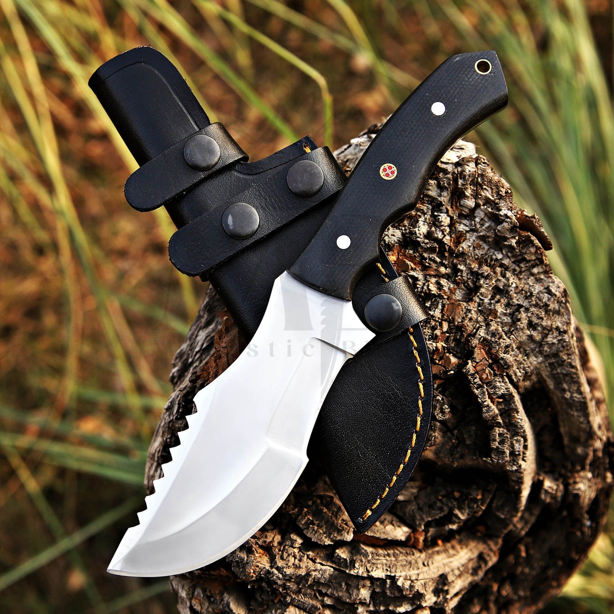 Handmade Damascus D2 Steel Tracker Knife With Black Micarta Handle & Leather Cover- 10 Inch - majesticblades.com