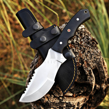 Handmade Damascus D2 Steel Tracker Knife With Black Micarta Handle & Leather Cover- 10 Inch - majesticblades.com