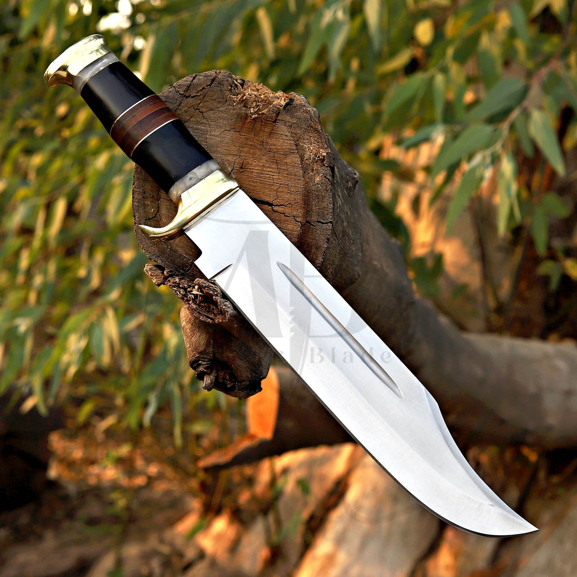 Handmade D2 Steel Crocodile Dundee Bowie Knife With Handle Of Buffalo Horn \ Raison - 15 inch with leather cover - majesticblades.com