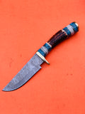 Majestic Blades Custom Hand Forged Damascus Steel Hunting Knife Skinning Knife Stag & resin Handle with Brass Guard, Leather Sheath 08 inches