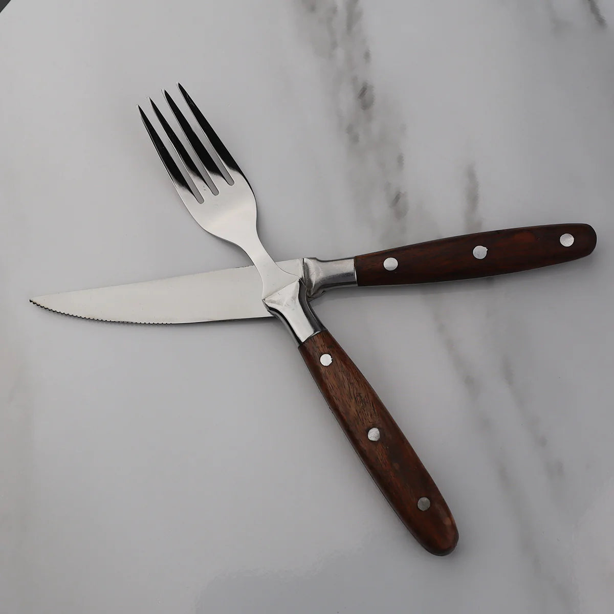 Majestic Blades Steak Knife and Fork Set in Natural Wooden Handle with Serrated Blade