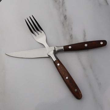 Majestic Blades Steak Knife and Fork Set in Natural Wooden Handle with Serrated Blade