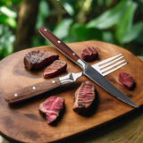 Majestic Blades Steak Knife and Fork Set in Natural Wooden Handle with Serrated Blade