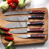 Majestic Handmade Damascus Steel Kitchen Chef Knife Set of 5 pcs with Leather Sheath Handle Material Raison  - majesticblades.com