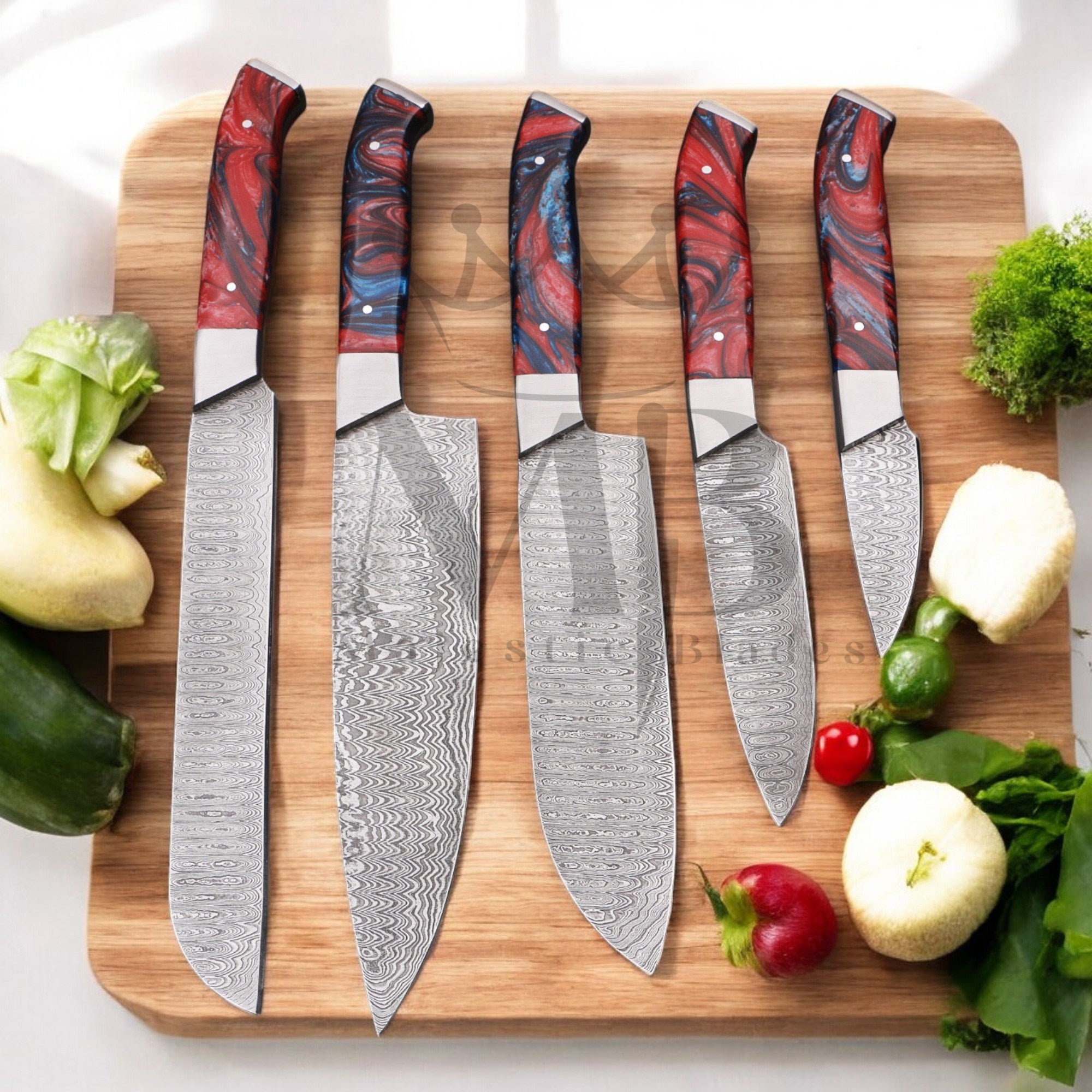 Majestic Handmade Damascus Steel Kitchen Chef Knife Set of 5 pcs with Leather Sheath Handle Material Raison  - majesticblades.com