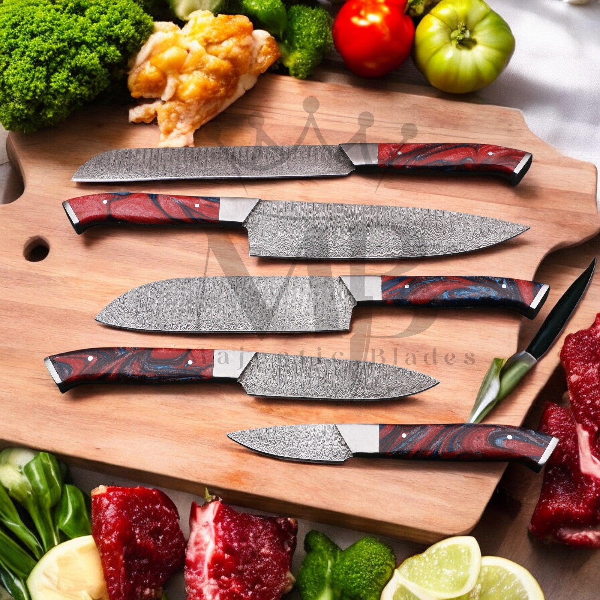 Majestic Handmade Damascus Steel Kitchen Chef Knife Set of 5 pcs with Leather Sheath Handle Material Raison  - majesticblades.com
