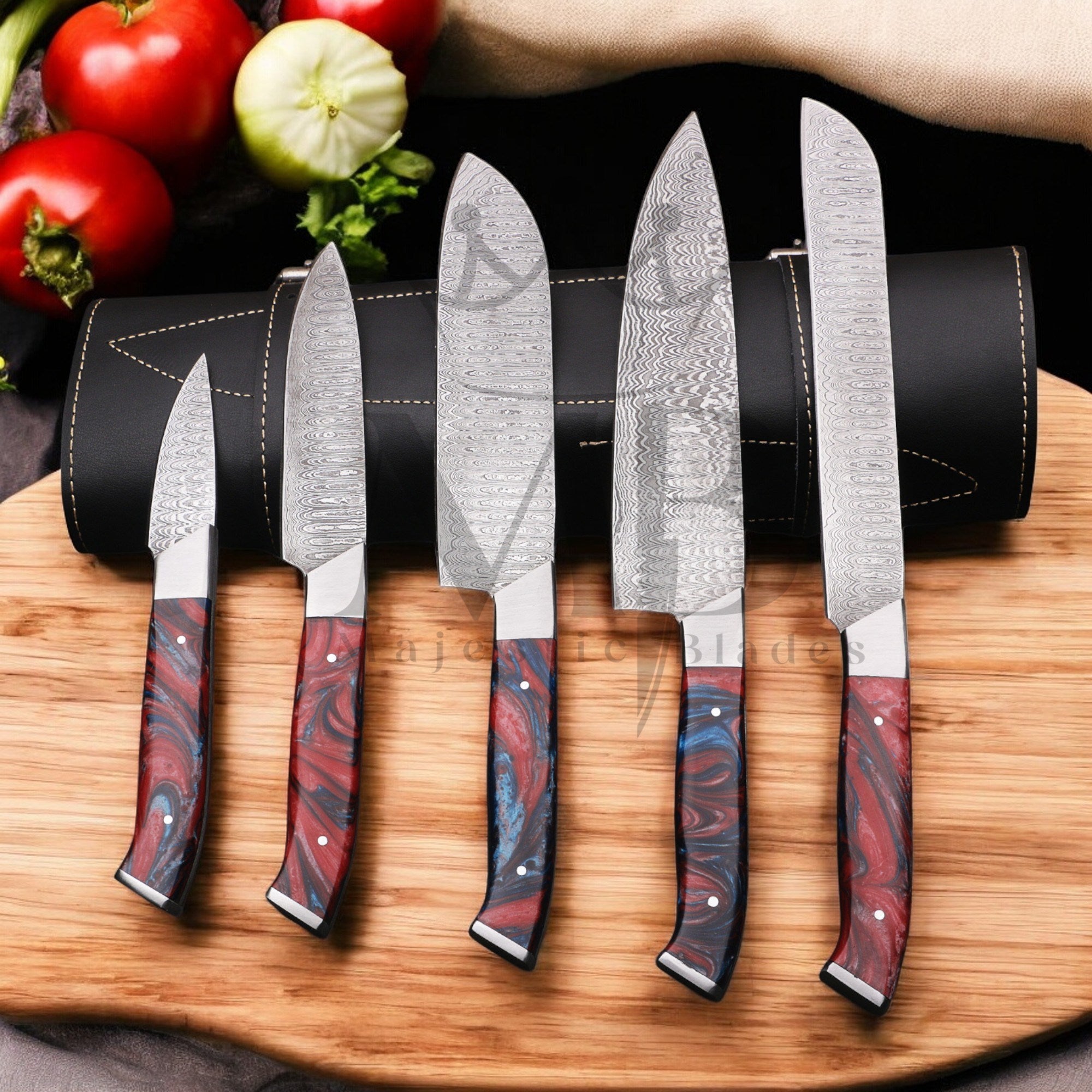 Majestic Handmade Damascus Steel Kitchen Chef Knife Set of 5 pcs with Leather Sheath Handle Material Raison  - majesticblades.com