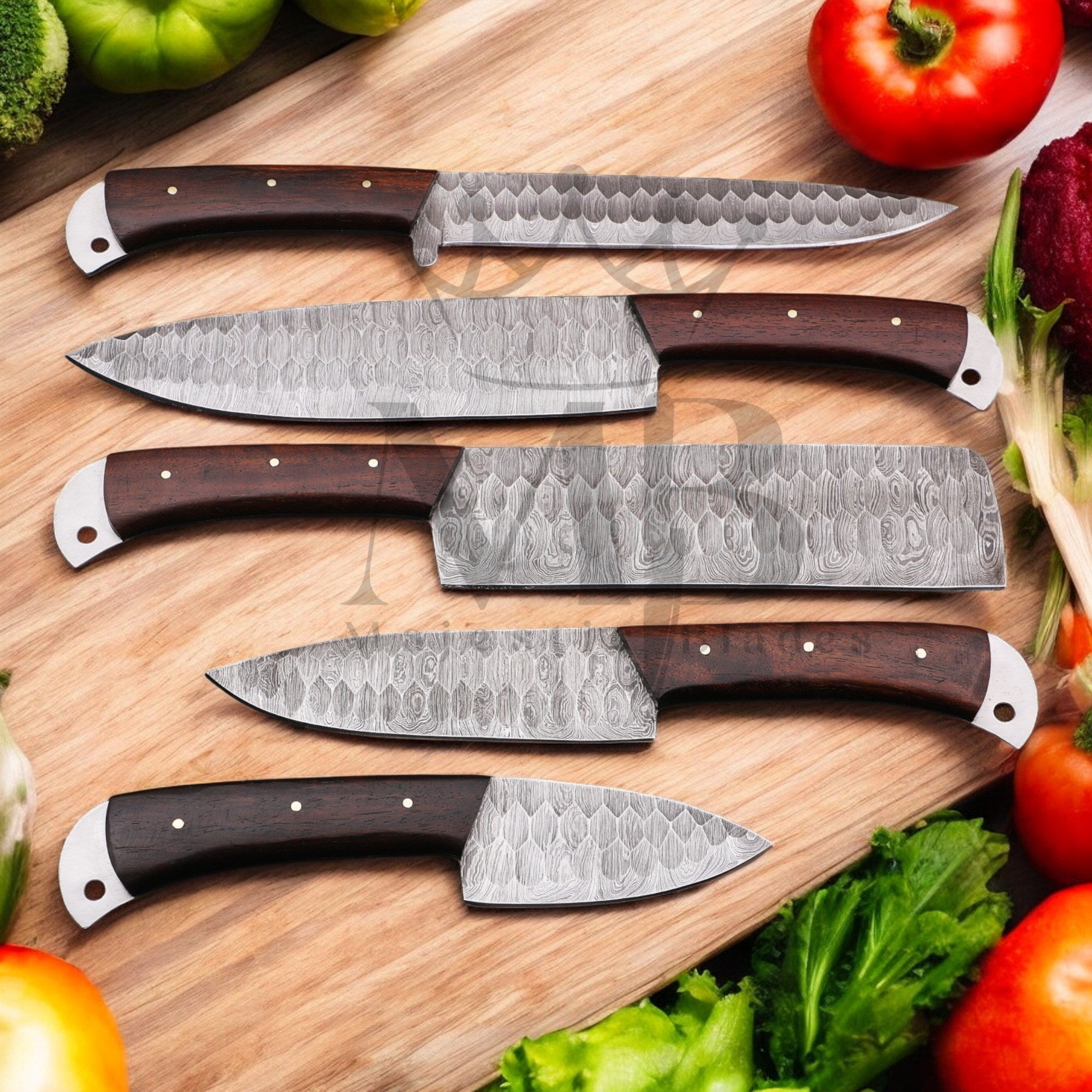 Majestic Handmade Damascus Steel Kitchen Chef Knife Set of 5 pcs HandForged With Leather Bag at best price in USA - shop online from majesticblades.com