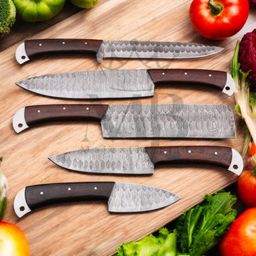 Majestic Handmade Damascus Steel Kitchen Chef Knife Set of 5 pcs HandForged With Leather Bag at best price in USA - shop online from majesticblades.com