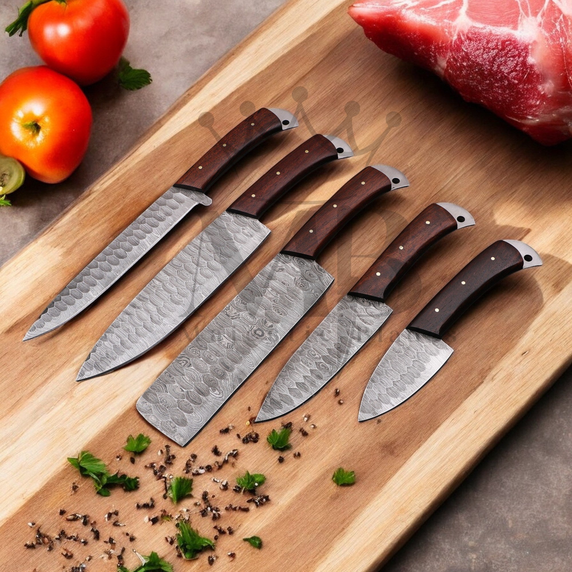 Majestic Handmade Damascus Steel Kitchen Chef Knife Set of 5 pcs with ash wood handle - HandForged at best price in USA - shop online from majesticblades.com