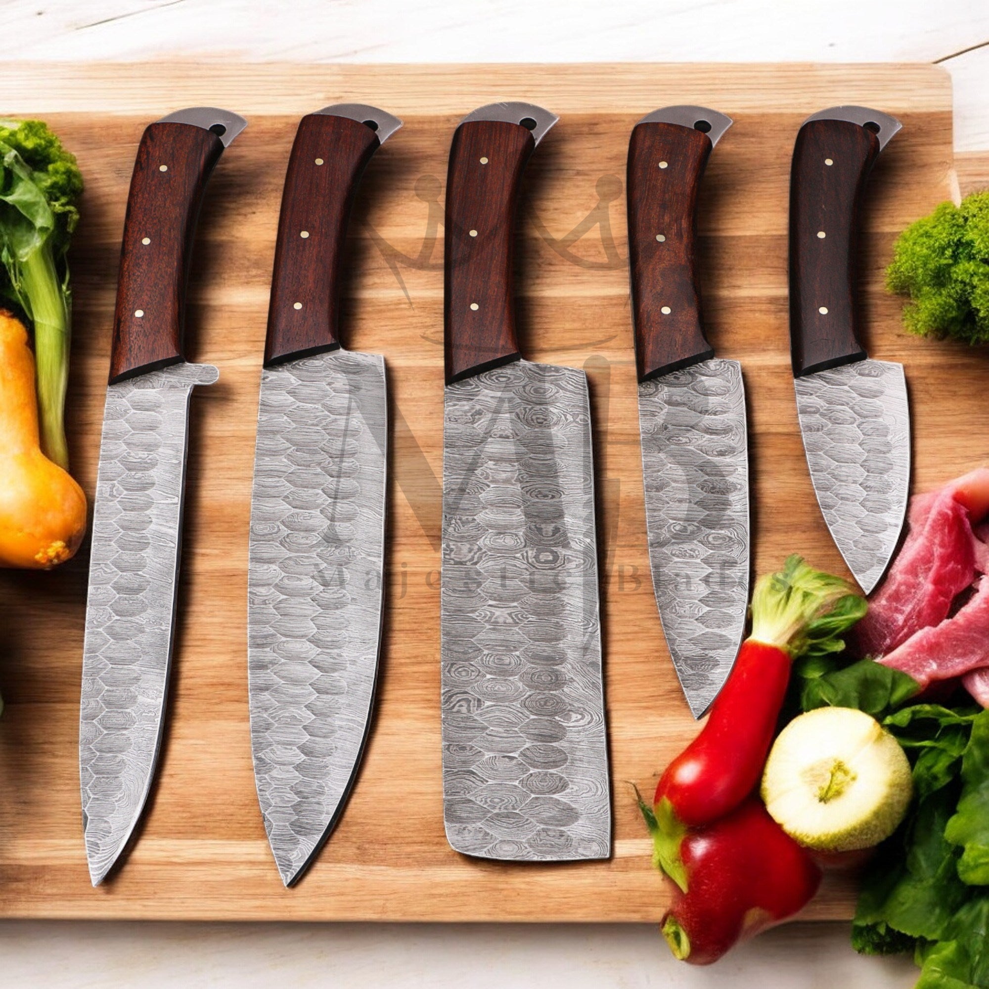 Majestic Handmade Damascus Steel Kitchen Chef Knife Set of 5 pcs with ash wood handle - HandForged at best price in USA - shop online from majesticblades.com