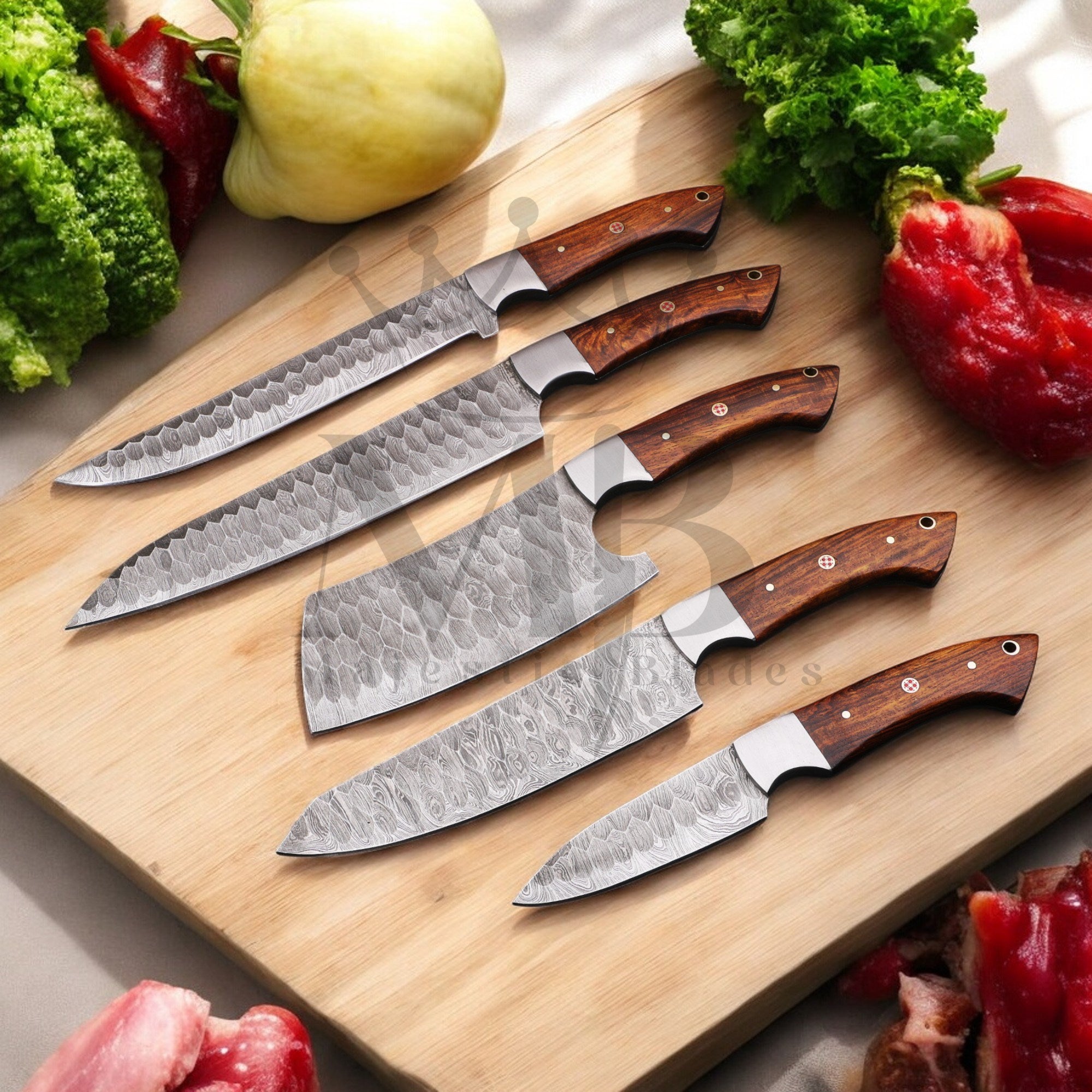 Hand Forged Damascus Steel, Chef Knife Set 5 pcs with leather bag - handle made of ash wood - best sale price in USA at majesticblades.com
