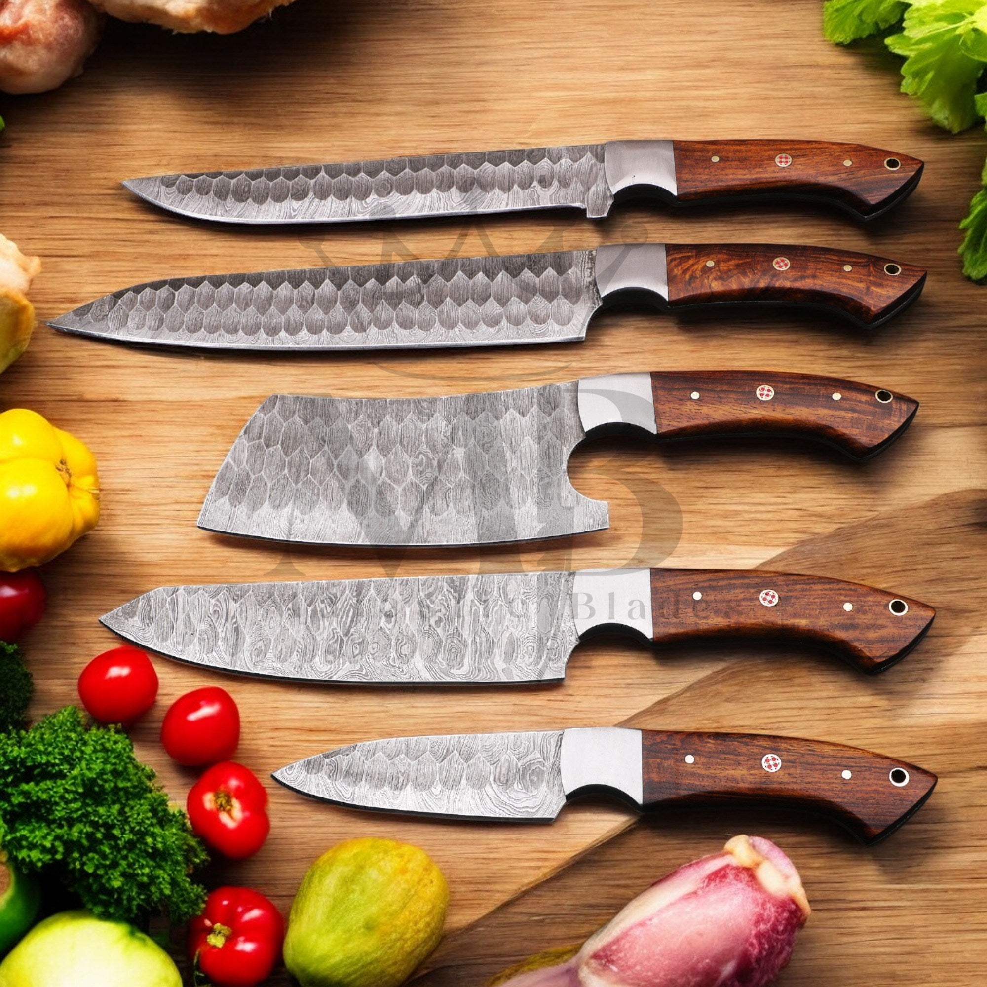 Hand Forged Damascus Steel, Chef Knife Set 5 pcs with leather bag - handle made of ash wood - best sale price in USA at majesticblades.com