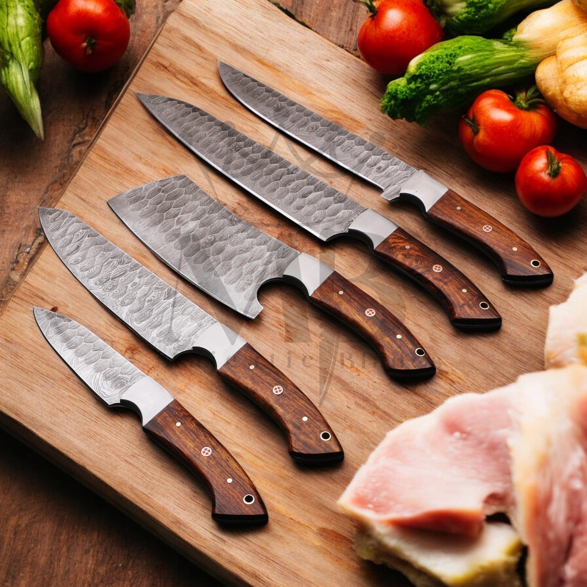 Hand Forged Damascus Steel, Chef Knife Set 5 pcs with leather bag - handle made of ash wood - best sale price in USA at majesticblades.com