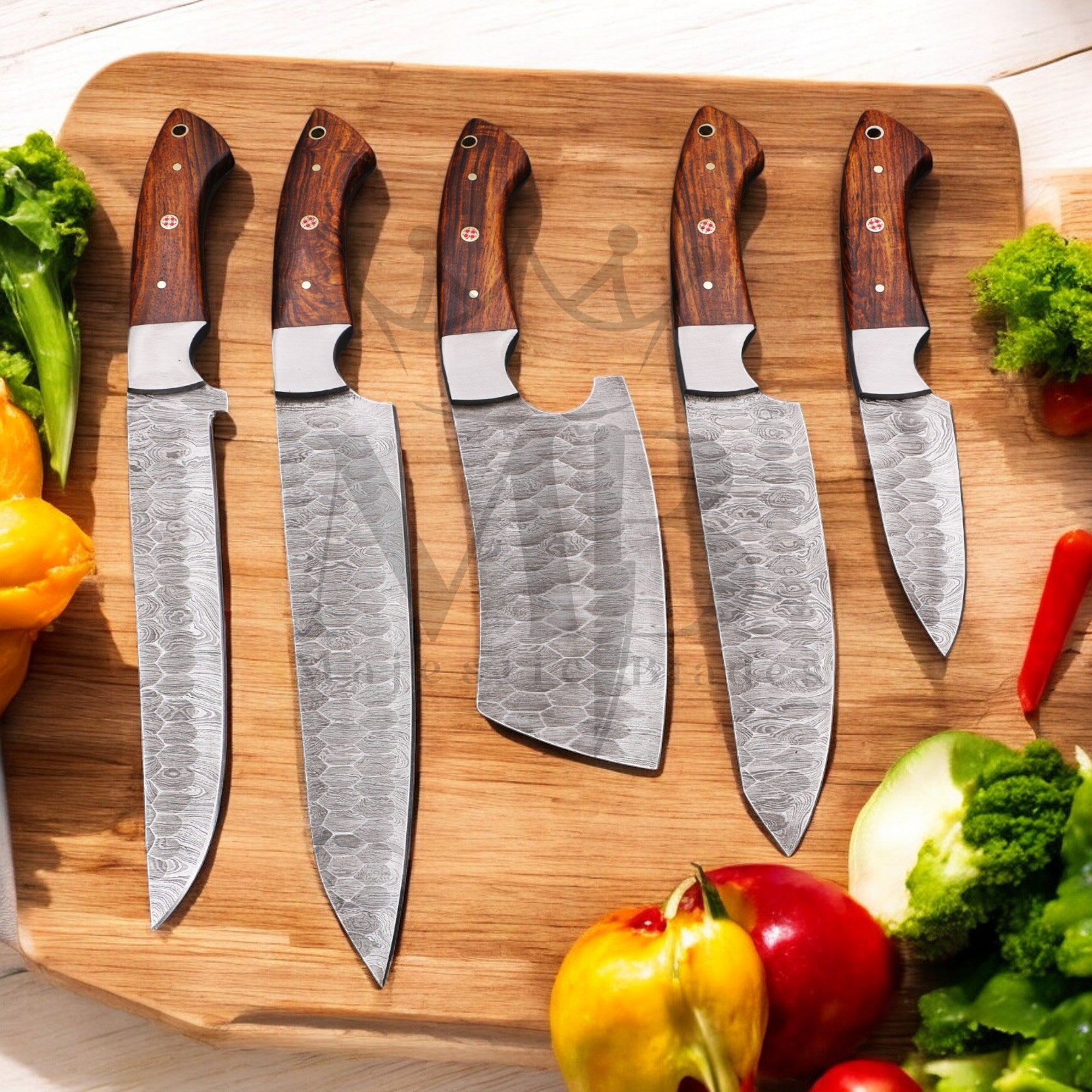Hand Forged Damascus Steel, Chef Knife Set 5 pcs with leather bag - handle made of ash wood - best sale price in USA at majesticblades.com