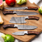 Hand Forged Damascus Steel, Chef Knife Set 5 pcs with leather bag - handle made of ash wood - best sale price in USA at majesticblades.com
