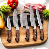 Hand Forged Damascus Steel, Chef Knife Set 5 pcs with leather bag - handle made of ash wood - best sale price in USA at majesticblades.com