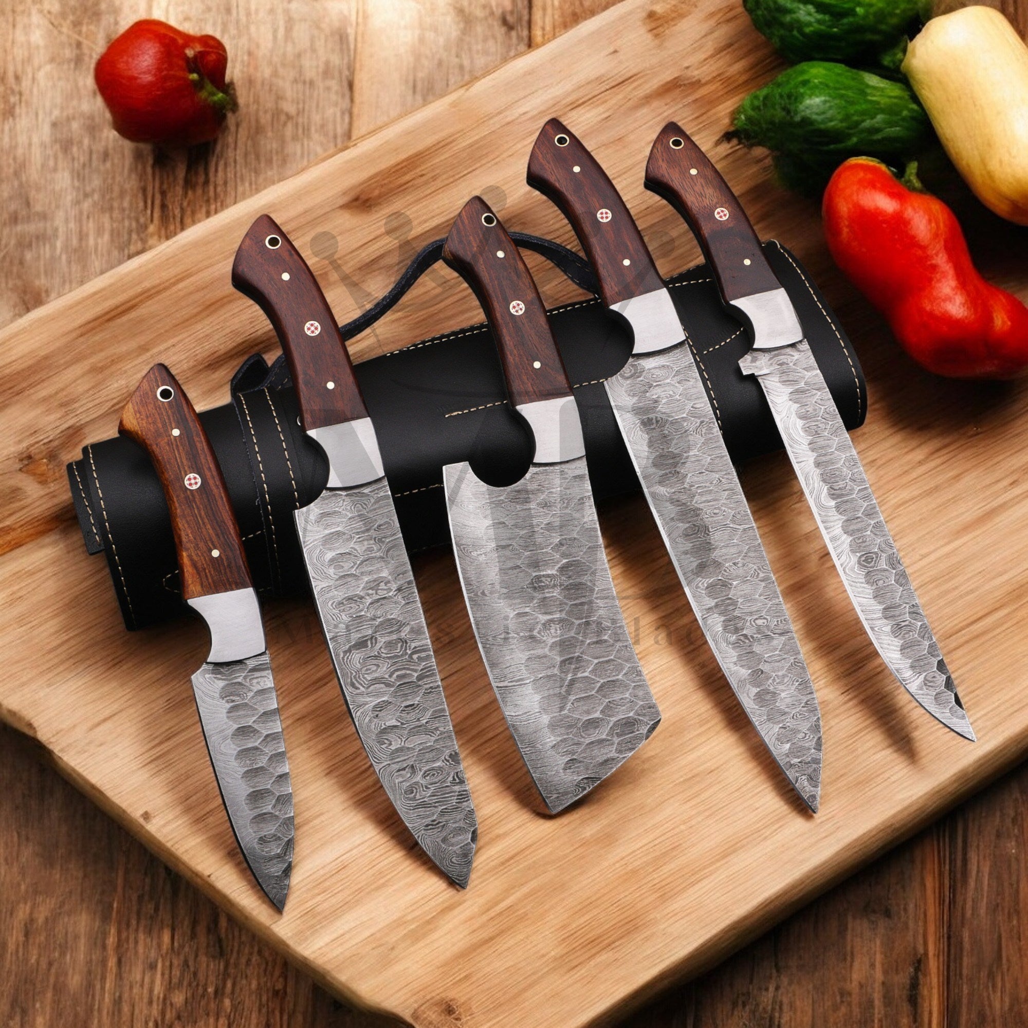 Hand Forged Damascus Steel, Chef Knife Set 5 pcs with leather bag - handle made of ash wood - best sale price in USA at majesticblades.com