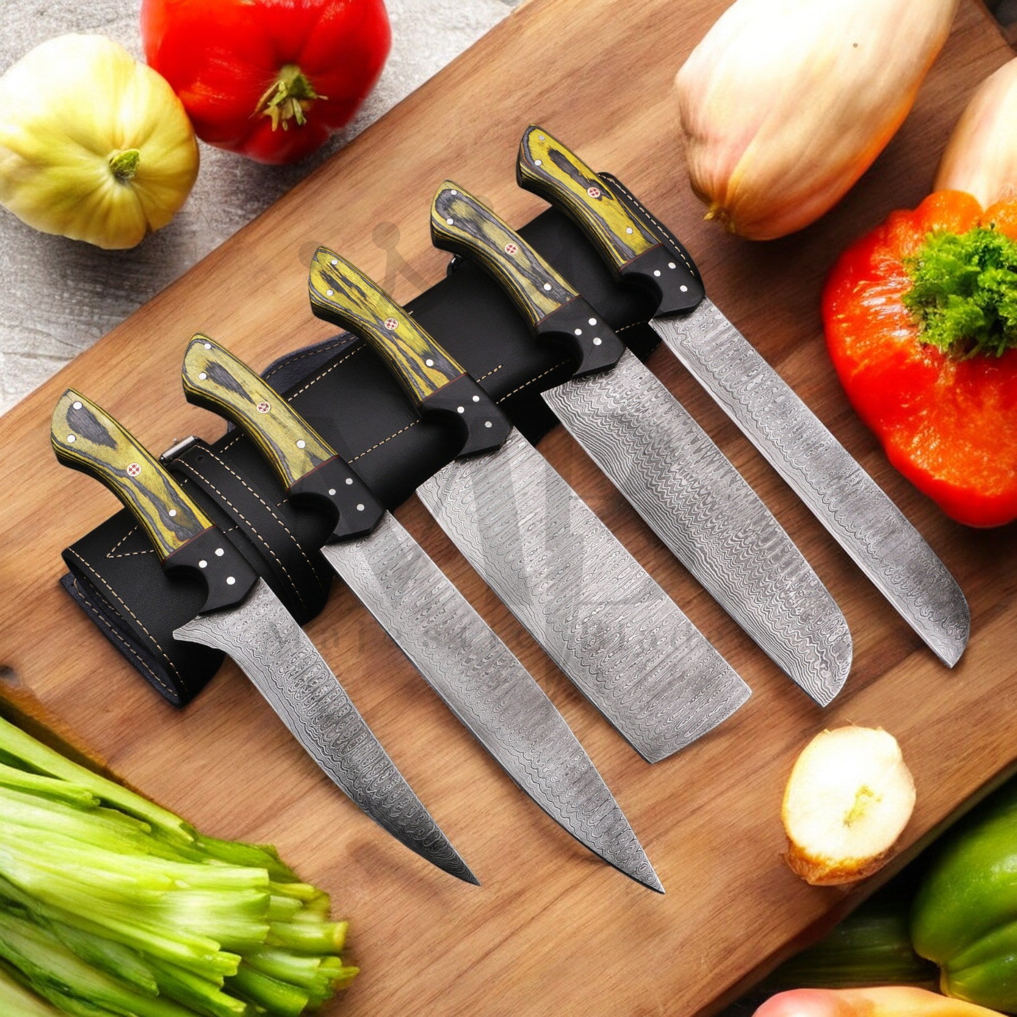 Majestic Handmade Damascus Steel Complete Chef Knife Set of 5 pcs -  Pakka wood & Micarta - HandForged at best online price majesticblades.com