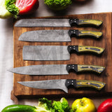 Majestic Handmade Damascus Steel Complete Chef Knife Set of 5 pcs -  Pakka wood & Micarta - HandForged - best online price majesticblades.com