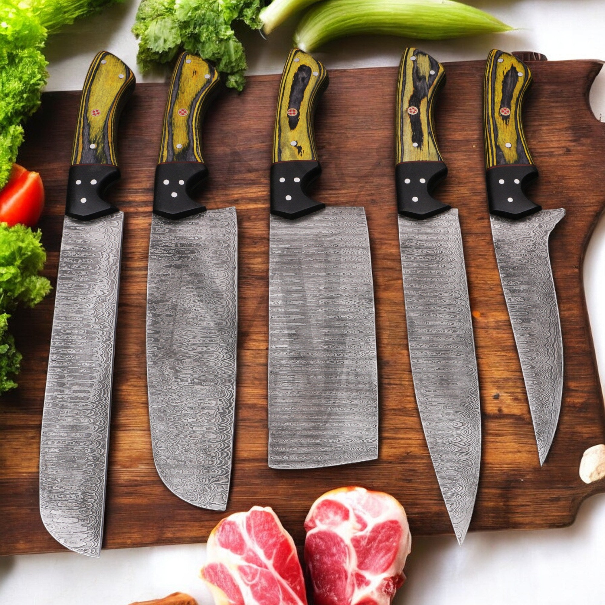 Majestic Handmade Damascus Steel Complete Chef Knife Set of 5 pcs - HandForged at best online price majesticblades.com