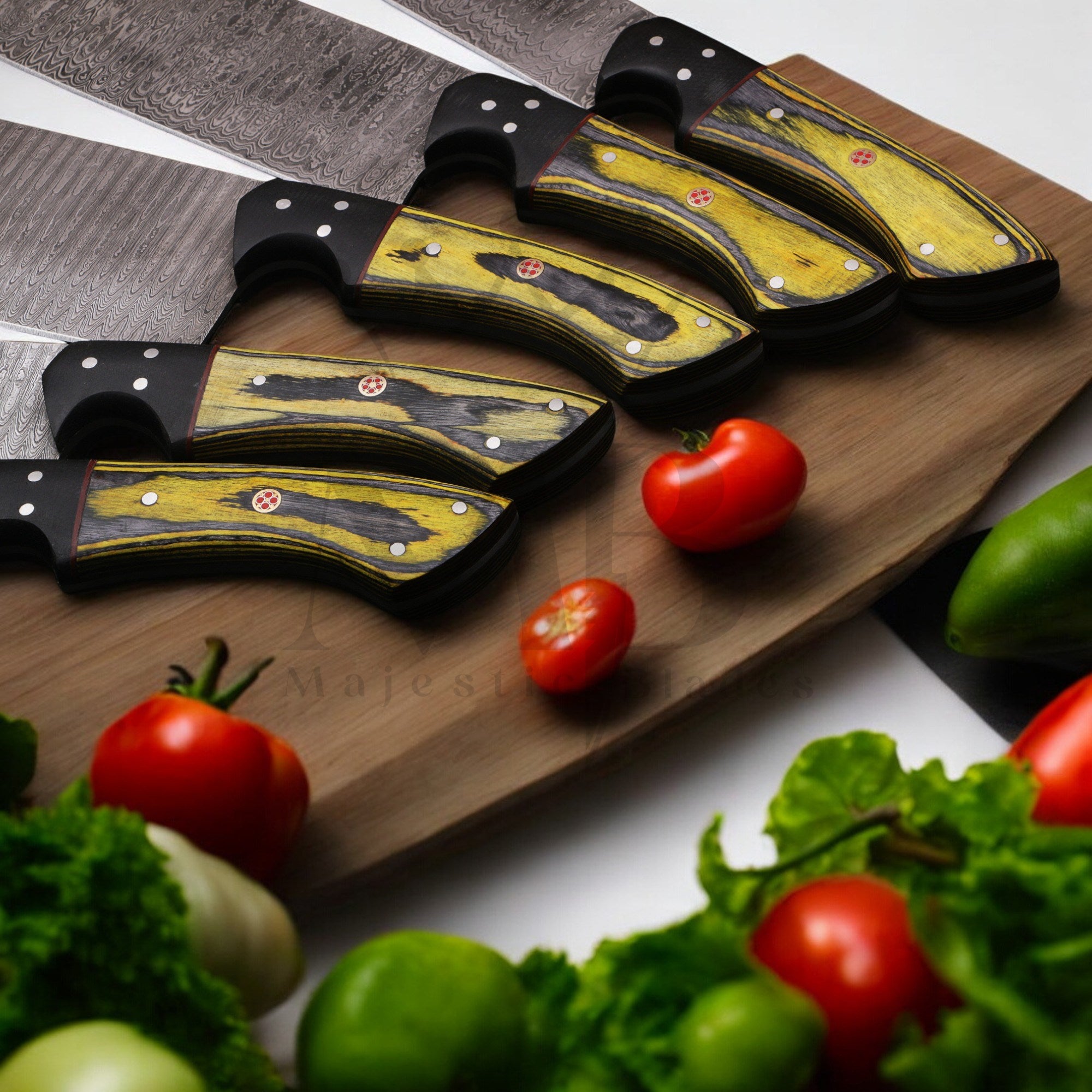 Majestic Handmade Damascus Steel Complete Chef Knife Set of 5 pcs -  Pakka wood & Micarta - HandForged at best online price majesticblades.com