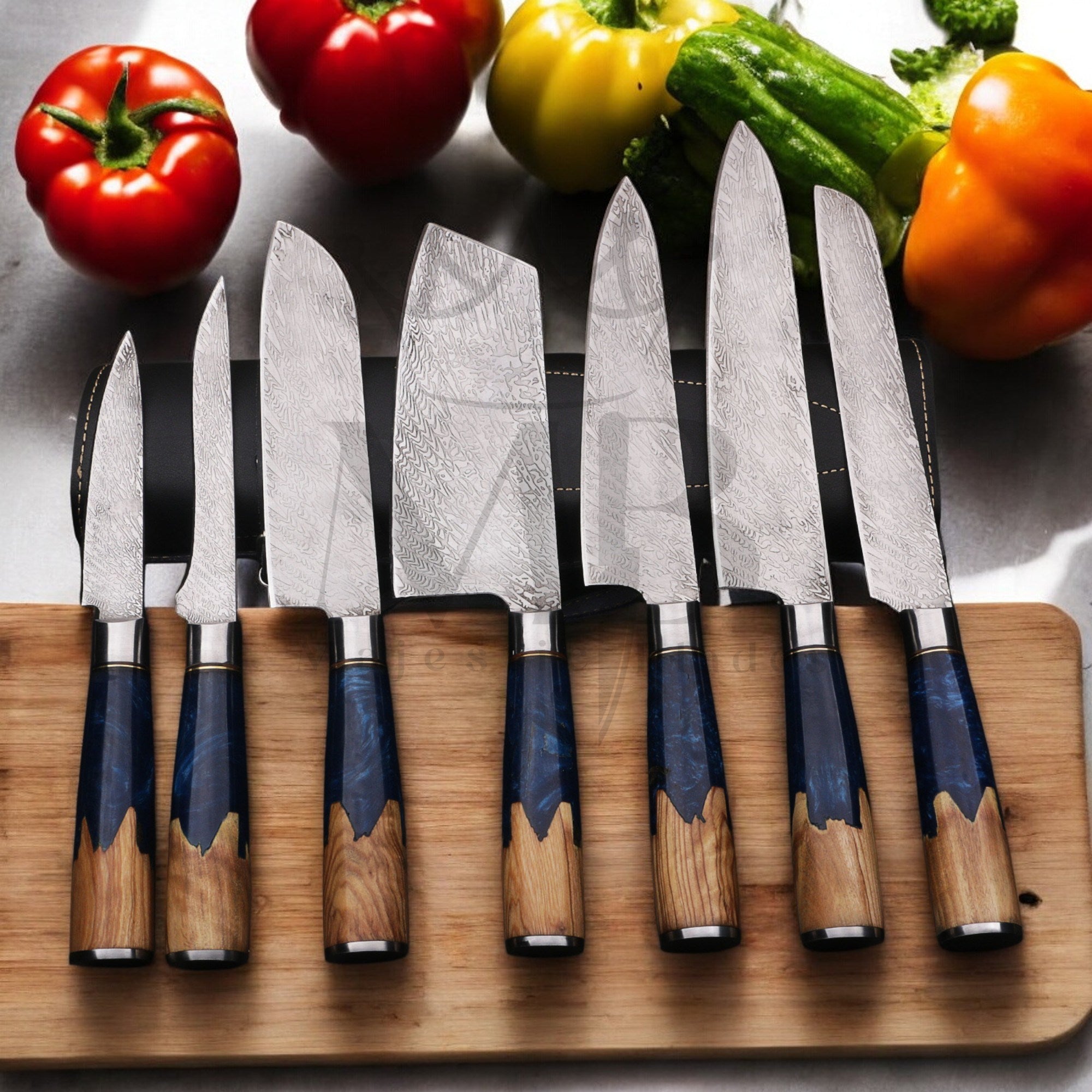 majestic 7 Pcs Carbon Steel Knife Set with Blue Resin Burl Wood Handle - Japanese Chef Knife Set - best sale price at majesticblades.com
