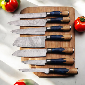 majestic 7 Pcs Carbon Steel Knife Set with Blue Resin Burl Wood Handle - Japanese Chef Knife Set - best sale price at majesticblades.com