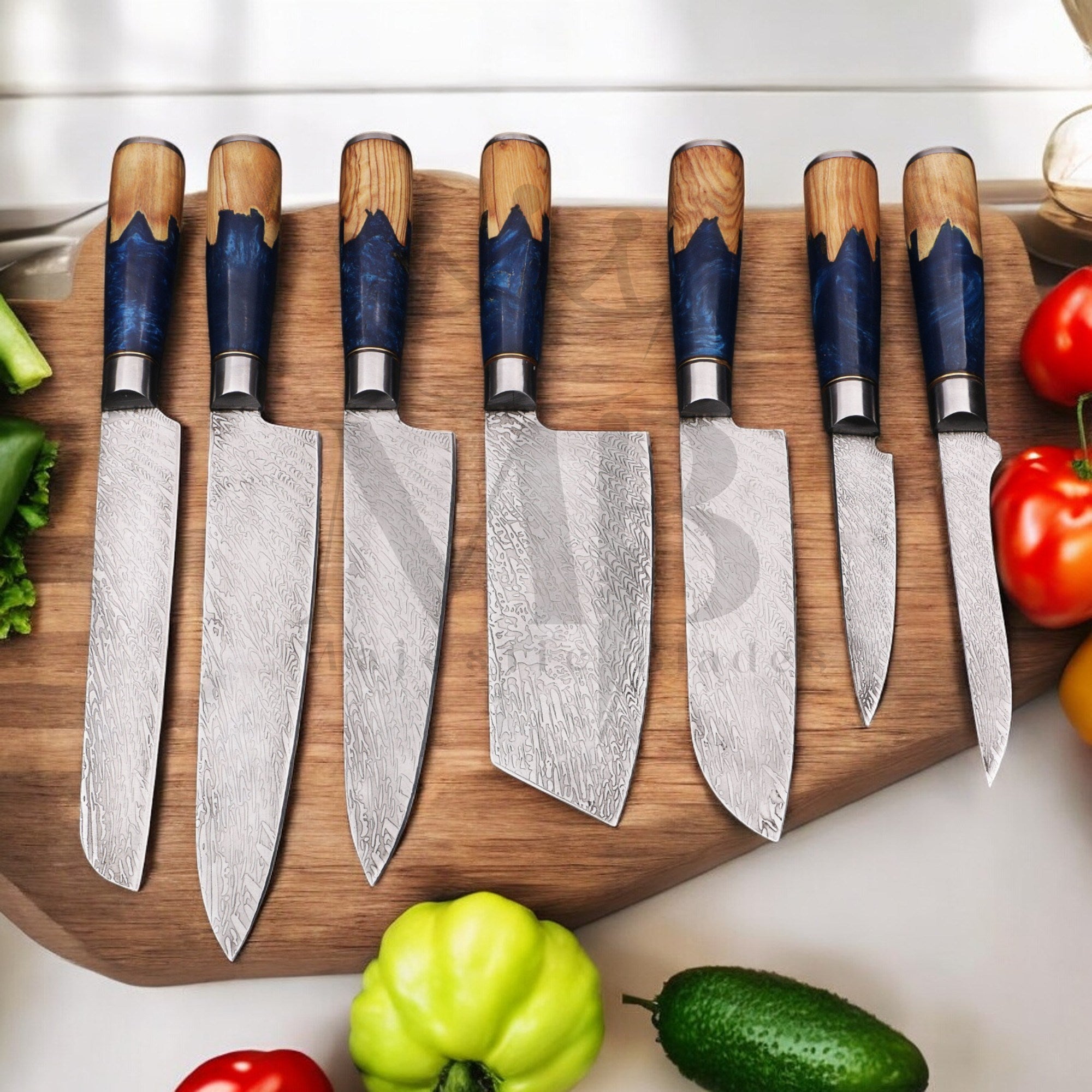 majestic 7 Pcs Carbon Steel Knife Set with Blue Resin Burl Wood Handle - Japanese Chef Knife Set - best sale price at majesticblades.com