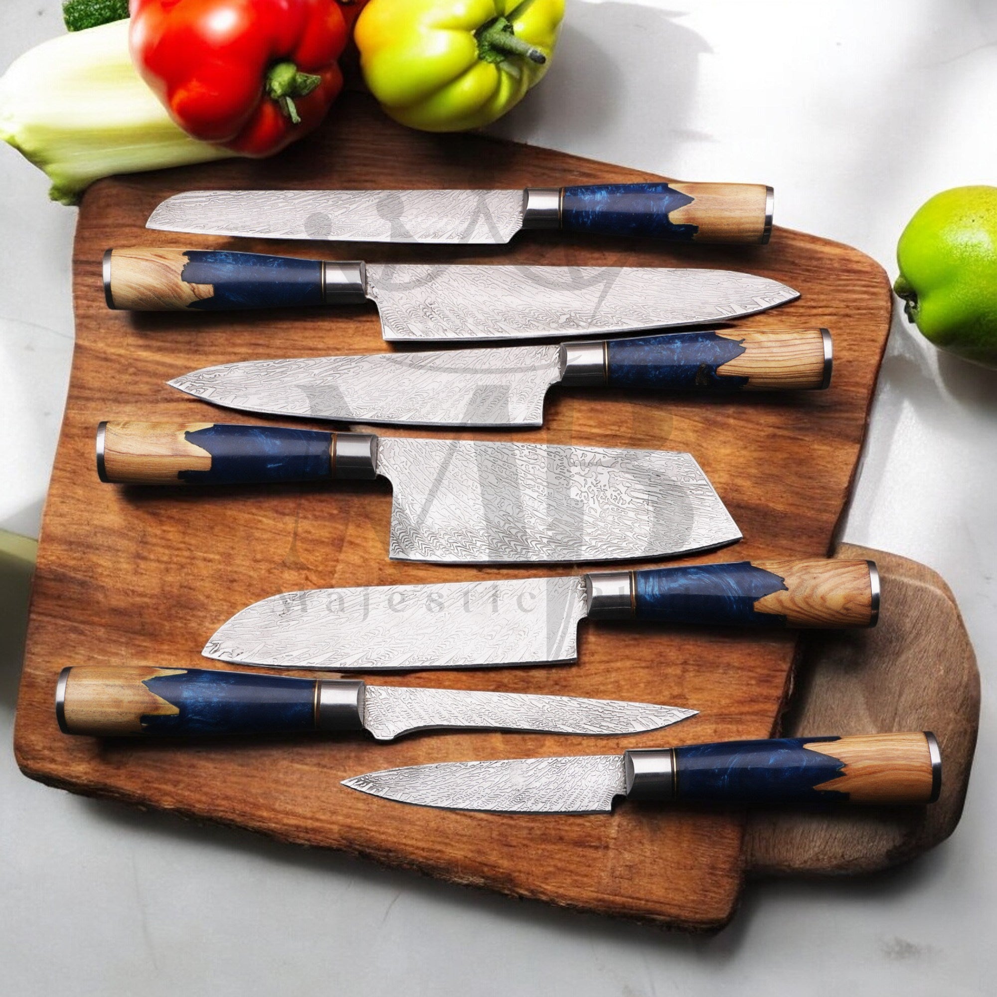 majestic 7 Pcs Carbon Steel Knife Set with Blue Resin Burl Wood Handle - Japanese Chef Knife Set - best sale price at majesticblades.com