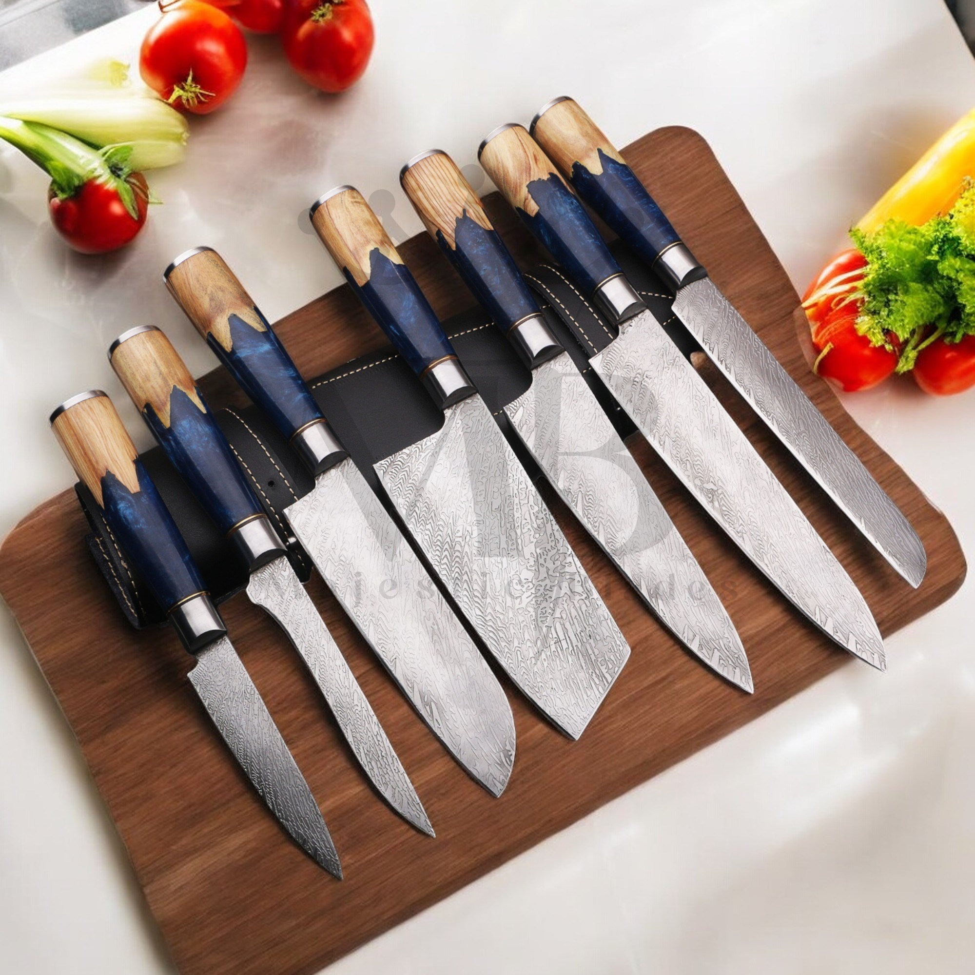majestic 7 Pcs Carbon Steel Knife Set with Blue Resin Burl Wood Handle - Japanese Chef Knife Set - best sale price at majesticblades.com