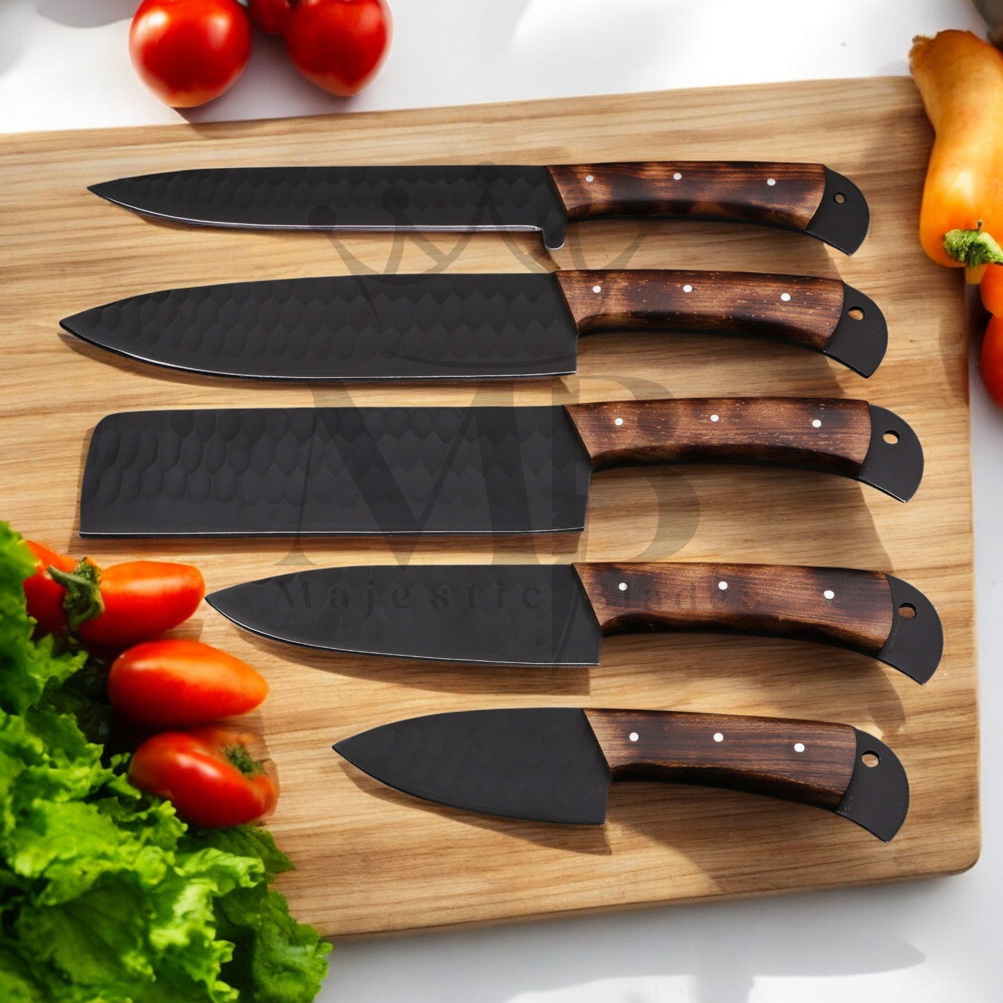Damascus Steel Chef Knife Set 5 Pcs - Handle Material Ash Wood - Powder Coated - best sale price at majesticblades.com