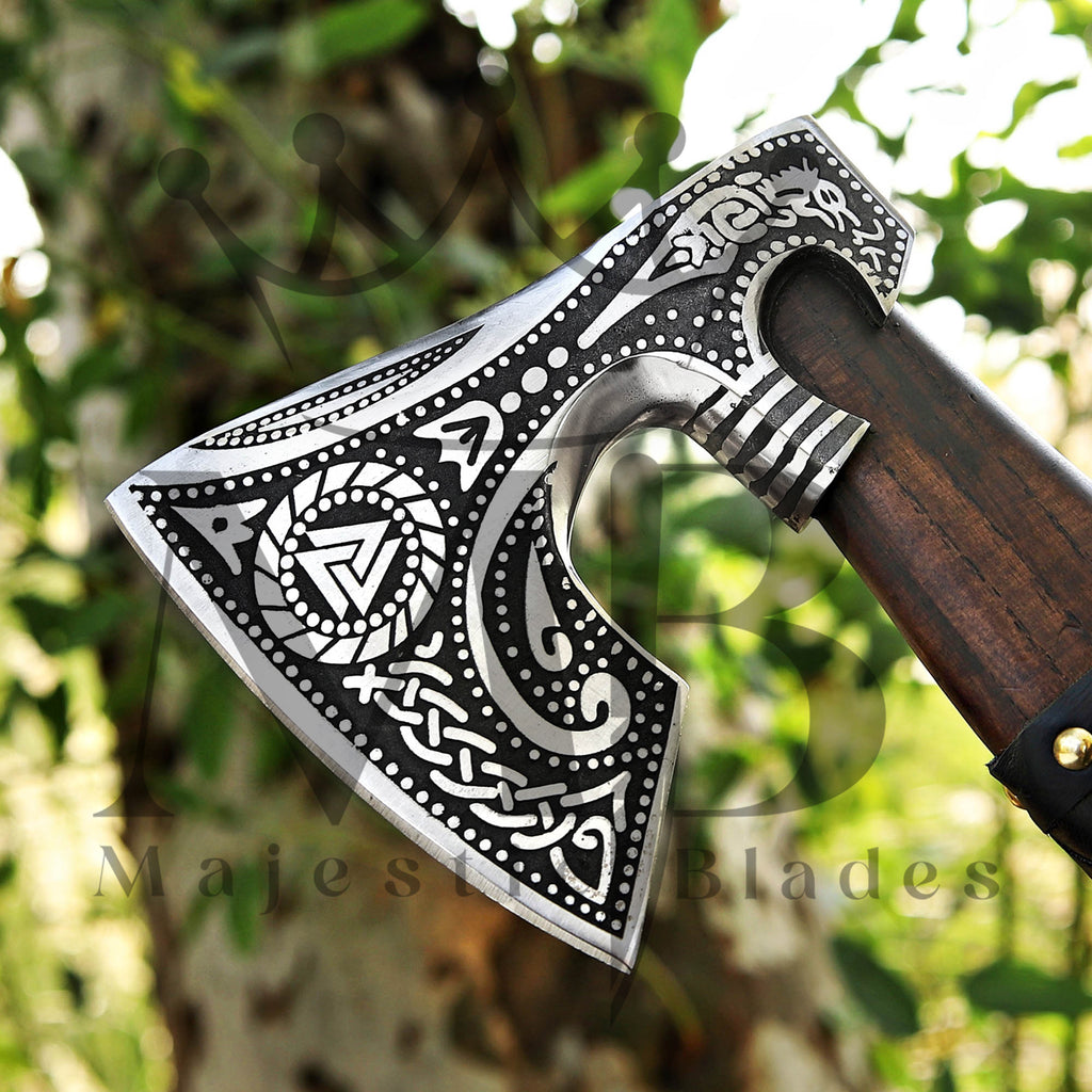 Custom Ragnar Axe, Viking Axe, Hatchet Rose Wood Shaf - Majestic Blades 