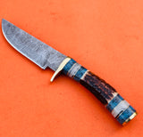 Majestic Blades Custom Hand Forged Damascus Steel Hunting Knife Skinning Knife Stag & resin Handle with Brass Guard, Leather Sheath 08 inches