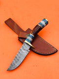 Majestic Blades Custom Hand Forged Damascus Steel Hunting Knife Skinning Knife Stag & resin Handle with Brass Guard, Leather Sheath 08 inches