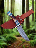 Majestic Blades Custom Hand Forged Damascus Steel Hunting Knife Skinning Knife Stag & resin Handle with Brass Guard, Leather Sheath 08 inches