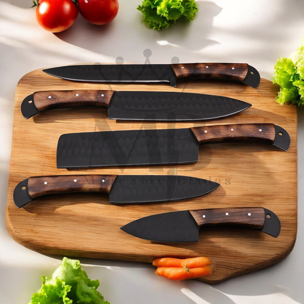 Damascus Steel Chef Knife Set 5 Pcs - Handle Material Ash Wood - Powder Coated - best sale price at majesticblades.com